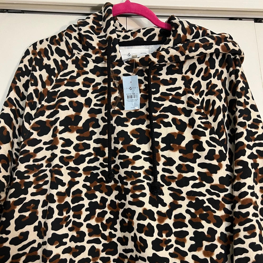 NWT Lou & Grey By Loft Brown Animal Print Hooded Sweatshirt SZ LP - Picture 2 of 6